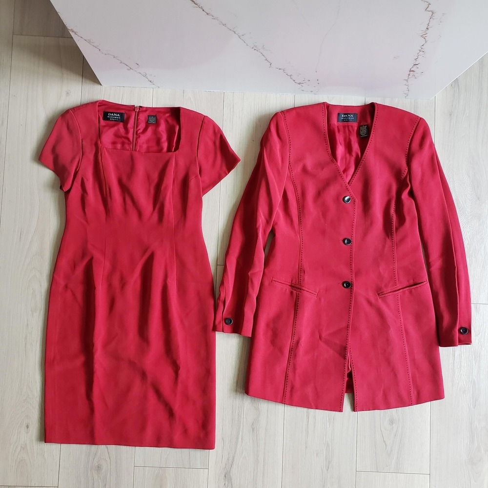 Dana Buchman Dress Suit Womens 2 Red Pure Silk Long Jacket Midi Sheath Work Set